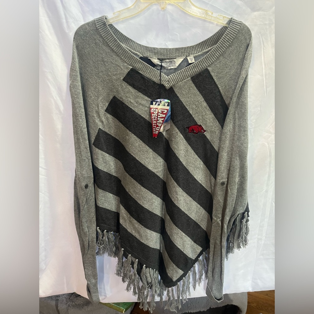 Arkansas Razorbacks Women's Gray Striped Fringe Poncho Sweater